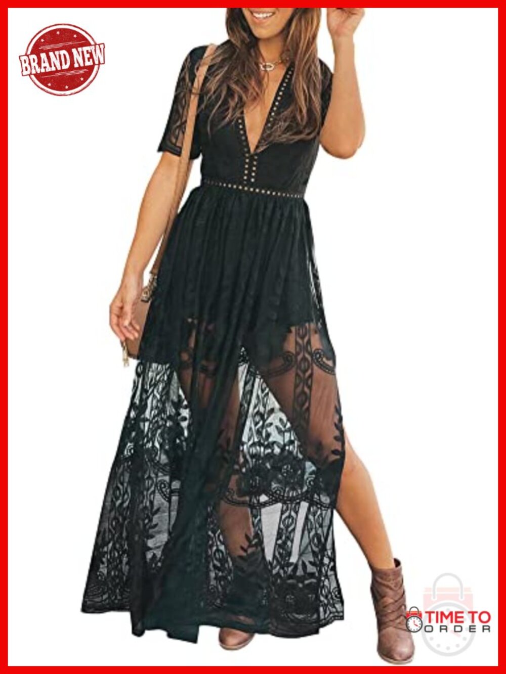 Women's Lace Romper Maxi Dress V-Neck Short Sleeve Formal